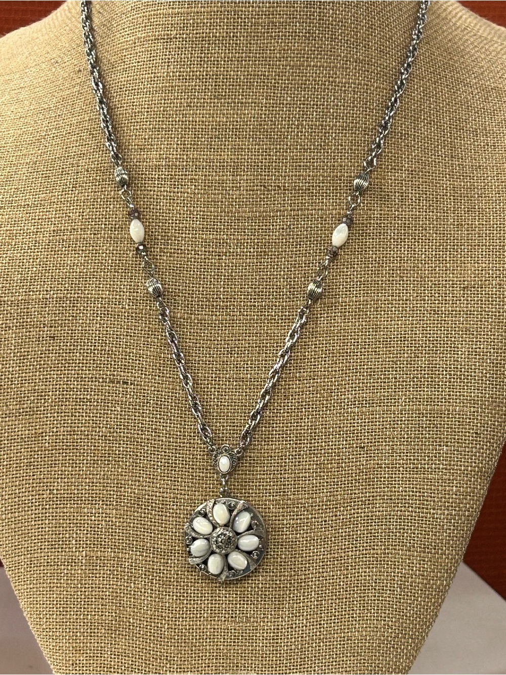1928 Sterling-Tone White Stone Floral locket Pendant Necklace